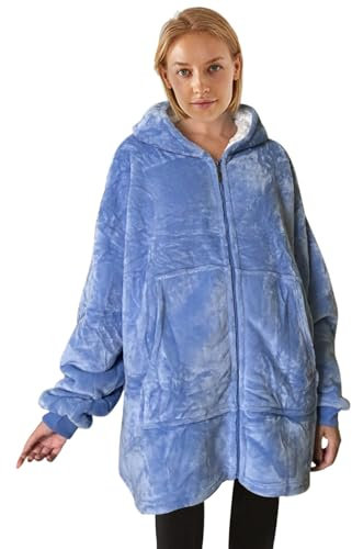 Coperta con cappuccio, plaid con maniche, Coperta indossabile in pile, Felpa oversize donna, Blanket hoodie - Confortevole e morbido - Perfetto per le notti invernali sul divano (LightBlue zipper M)