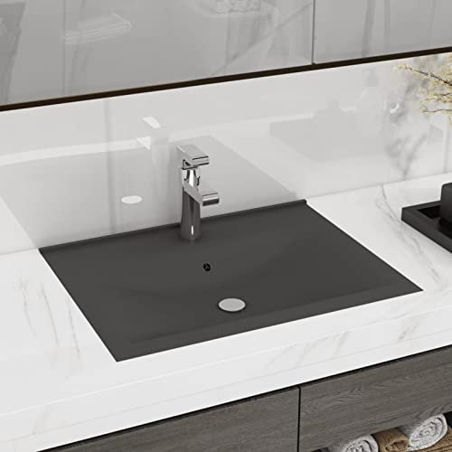 ARKEM Lavabo con Foro Rubinetto Grigio Scuro Opaco 60x46 cm Ceramica,Lavandino di Appoggio Design Moderno,Lavabo ad incasso in ceramica,Rettangolare,Finitura Bianco Lucido,Lavamani senza Piletta,Bacin