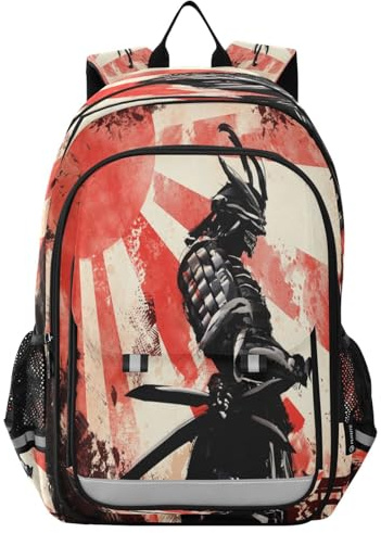 HMZXZ Japanese Samurai Art Backpack School Bag Lightweight Laptop Backpack Student Travel Daypack Watercolor with Reflective Stripes