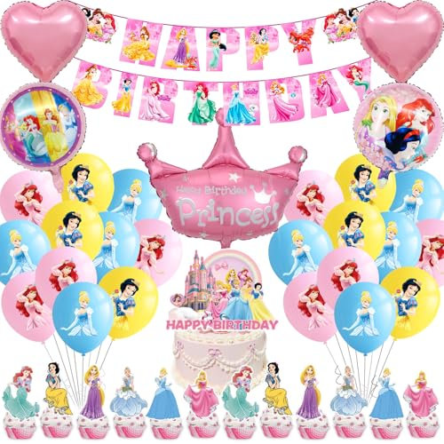 Prinzessin Luftballons Geburtstag Deko Mädchen- Prinzessinnen Geburtstagsdeko Princess Ballons Deko Geburtstag Girlande Folienballon Birthday Banner Cake Topper für Kindergeburtstag Party Ballon Deko