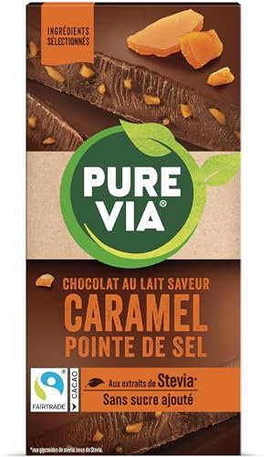 Pure Via Tablette Chocolat au Lait Saveur Caramel pointe del Sel à la stevia, sans sucre ajouté, Équitable 100g