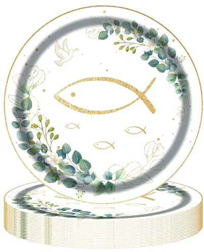 TOPWAYS Pappteller Kommunion Konfirmation Tischdeko, 18cm Fisch Pappteller Klein Einwegteller Eukalyptus Partygeschirr Tischdeko für Taufe Konfirmation Kommunion Deko Junge Mädchen 48 stück