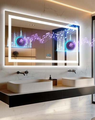 LUVODI Badspiegel mit Bluetooth 140x70 cm: Groß LED Wandspiegel mit Beleuchtung, Uhr, Steckdose, Badzimmer Spiegel Beschlagfrei mit 4 Touchschalter, 3 einstellbare Lichtfarben