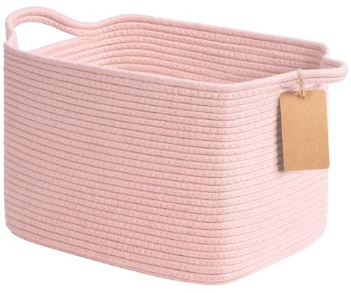 Woven Storage Basket, Cotton Rope Basket for Shelves Closet Organizer, Square Shelf Basket for Toys, Books, Shoes, Decorative Empty Gift Basket for Home Bathroom Decor, 33x25x22.5cm, Pink