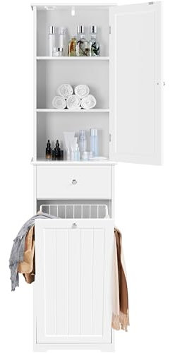 Yaheetech Bathroom Tall Cabinet with Laundry Bin, Bathroom Storage Unit with 1 Drawer and 1 Laundry Hamper, White, 180cm Height