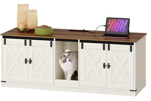 Hzuaneri Maison de Toilette Chat, Meuble Litiere avec Ports USB et Prises électriques, 140 cm de Meuble à Litière Caché pour 2 Chats, Maison D'intérieur pour Chat, Marron Rustique et Blanc CB82514X