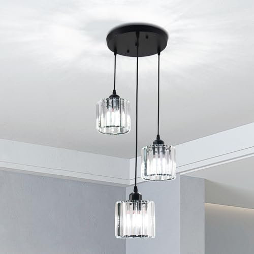 Cainjiazh Cristal Lámparas Colgantes Techo Redondo,Lámparas de Cristal Modernas Colgando Lámpara para Isla de Cocina,Lámpara Ajustable para Comedor,Vestíbulo,Sala de Estar Entrada Negro 3 Luces