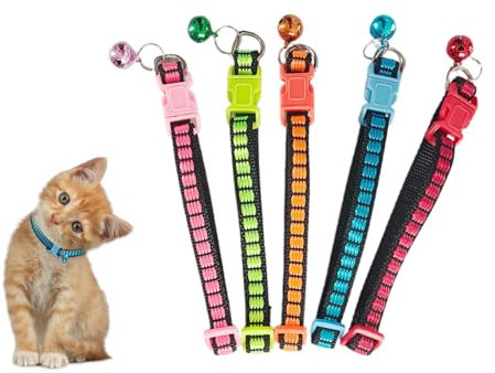 Diffaxy Katzenhalsband mit Sicherheitsverschluss 5-Stück, Verstellbares Halsband Katze mit Glöckchen, Leuchtenden Farben Katzen Halsbänder für alle Hauskatzen