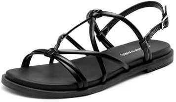 DREAM PAIRS Women's Sandals Cross Strappy Gladiator Dress Flat Sandals Daily Casual Comfortable Summer Shoes,Size 6,Black-Pu,DWUMFS2523