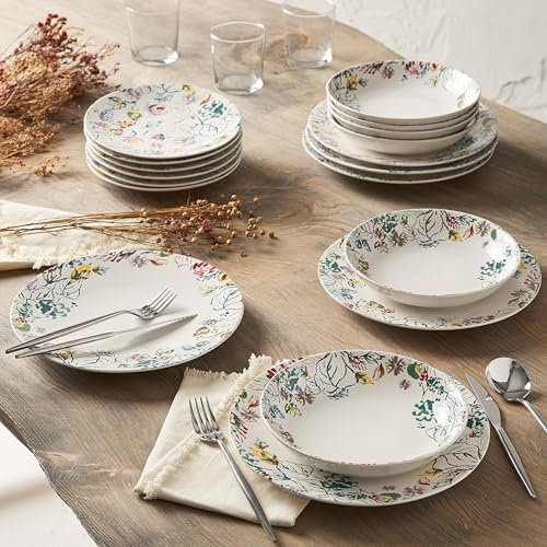 GENEVIEVE LETHU 545866 Service de Table en grès 18 pièces pour 6 personnes - Assiettes plates, assiettes creuses, assiettes à dessert de la Collection A Travers Champs - Décor Floral Multicolore