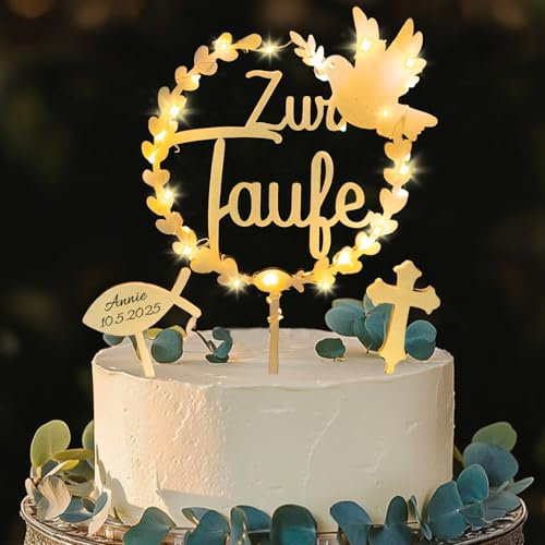 Cake Topper Taufe, Tortendeko Taufe Deko Holz 3 Stück mit LED Lichterkette, Cupcake Deko Muffin Tortendeko für Mädchen Junge Tortenaufleger Taufedeko