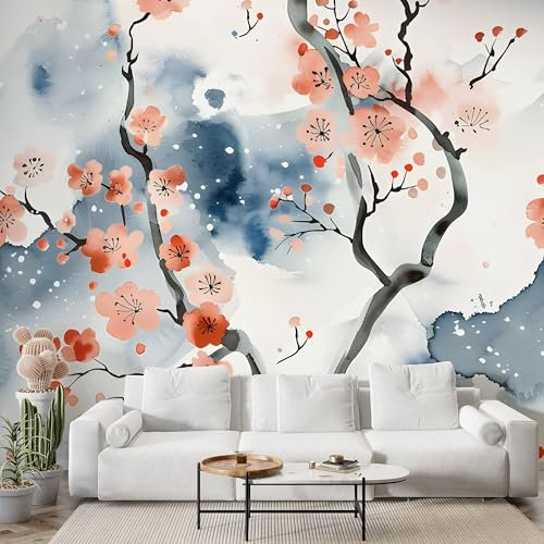 Boceoey Papier Peint Panoramique Fleurs De Cerisier Aquarelle - Papier Peint Intissé Autocollant - Branches De Fleurs Usine Décoration Murale - Adhésif Mural pour Salon Chambre, 200x140 cm - S-820