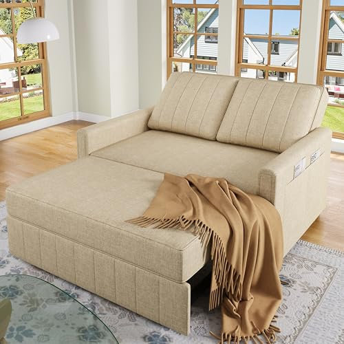 2 Sitzer Sofa mit Schlaffunktion, Klappsofa mit Verstellbare Rückenlehne, Schlafsofa Ausziehbar, SofaBett Schlafcouch mit Bettkasten, Kleine Sofas für Kleine Räume, 127x75 cm, Beige