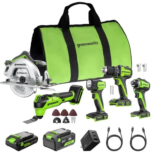 GREENWORKS 24V 5-teiliges Akku-Set: Brushless Bohrschrauber, Schlagschrauber, 165mm Handkreissäge, Multitool, LED-Lampe, 4,0Ah + 2,0Ah USB-C Akkus (24.000 mAh), 65W Schnellladegerät