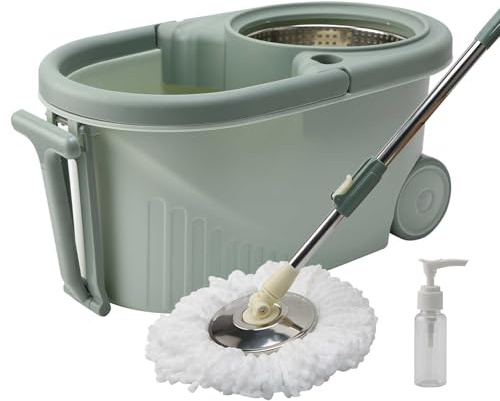 Microfibre Spin Mop and Bucket Set with Wringer Extendable Handle Easy Wring Floor Cleaning System Includes 2 Replacement Heads