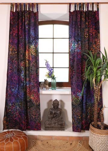 GURU SHOP Boho Vorhänge, Gardine mit Schlaufen, Mandala Motiv, Batik | Blickdicht, 100% Baumwolle, handbedruckt, Leuchteffekt, inkl. Drapierbändchen