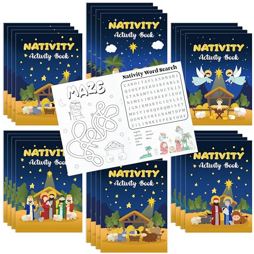 2OOYA 24 Stück Weihnachtskrippen Malbuch für Kinder - Mini-Malbücher mit Ausmalbildern, Labyrinthen & Wortsuchspielen für Merry Christmas Socken & Party Beutel Füller, Bildungs Geschenk Schulpreise