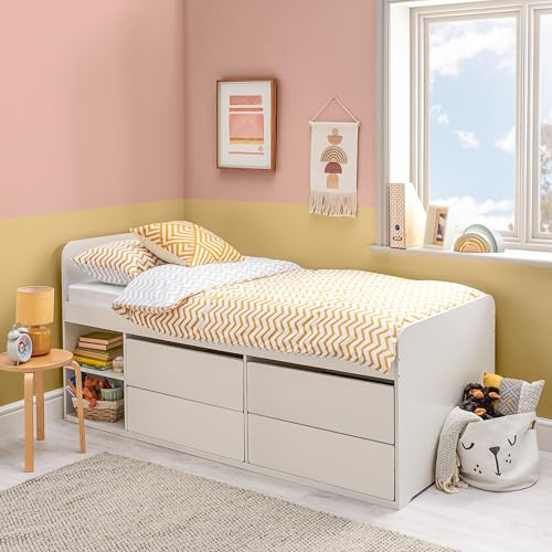 Home Treats White Wooden Raised Cabin Bed Frame With Hybrid Mattress 4 Storage Drawers 2 Shelves for Children Kids Teenagers (Hybrid Mattress)
