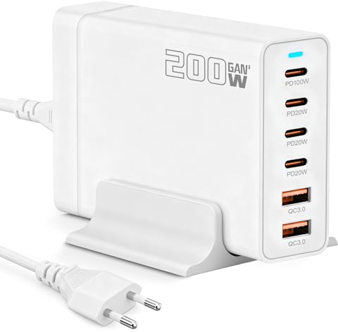 6 Ports USB C Ladegerät Mehrfach, 200W USB C Ladestation | Neueste GaN-Technologie, PD 100w Charging Station Kompatibel mit MacBook Pro/Air, Samsung, Geschenke für Männer Papa