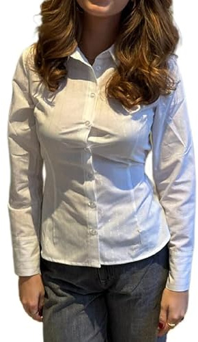 Women Y2K Striped Fitted Button Down Shirt Long Sleeve Lapel Collar Blouse Shirt V Neck Aesthetic Coquette Top A White