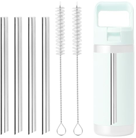 4pcs Metal Straw for YETI Rambler Jr. 12OZ Kids Water Bottle, Reusable Stainless Steel Straws Replacement with 2pcs Cleaning Brush Parts Accessories