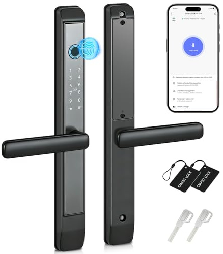 Smart Door Lock for Aluminium & uPVC Doors, Fingerprint + Keypad + RFID + App Control, Electronic Handle Lock for Thermally Broke Aluminium/Glass Doors (Black)