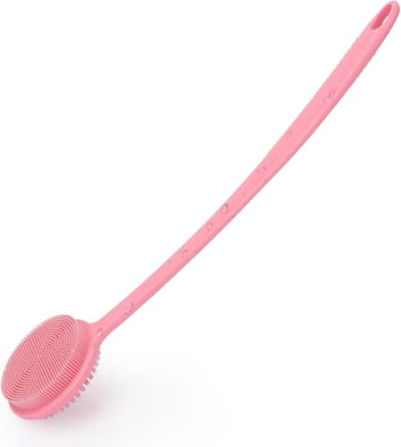 Silicone Body Scrubber, Back Scrubber Back Brush Long Handle for Shower | Anti Slip Long Handle Bath Brush with Stiff & Soft Bristles, Showering Exfoliator Wet or Dry Brushing, Lather Well, All Skin