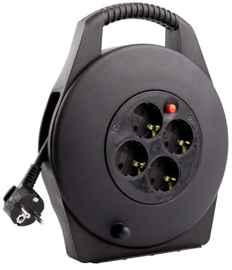 LEDKIA LIGHTING - Carrete Alargador de Cable 10m | 4 Enchufes German Socket | Protección Sobrecarga e Infantil | Soporta 3200W | PVC Duradero | Cumple ISO 9001 y CE, Negro