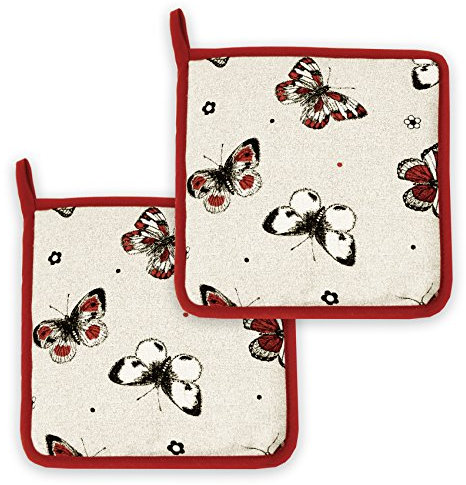 Lashuma Topflappen quadratisch Schmetterling, Topfuntersetzer beige - rot, Untersetzer 20x20 cm