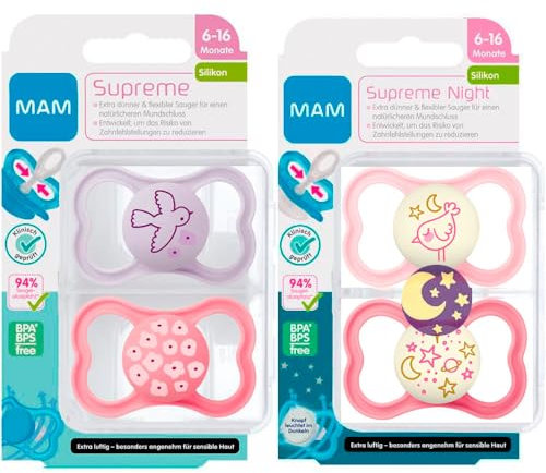 MAM Dental Schnuller Supreme, 4er Pack for Girls, 6-16 Monate, haut- und zahnfreundlicher Schnuller, Skin Soft Silikon