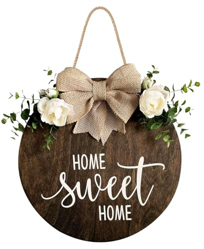 MayAvenue Home Sweet Home - Ghirlanda decorativa per porta d'ingresso, cartello rotondo in legno da appendere con fiocco e foglie verdi artificiali, decorazioni per portico della casa del