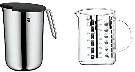 WMF Function Bowls Rührschüssel 1,75l, mit Griff, Cromargan Edelstahl poliert, Skalierung & Gourmet Glas Messbecher 1,0l, hitzebeständiges Glas, Skalierung für Liter, Milliliter, Tassen und Gramm