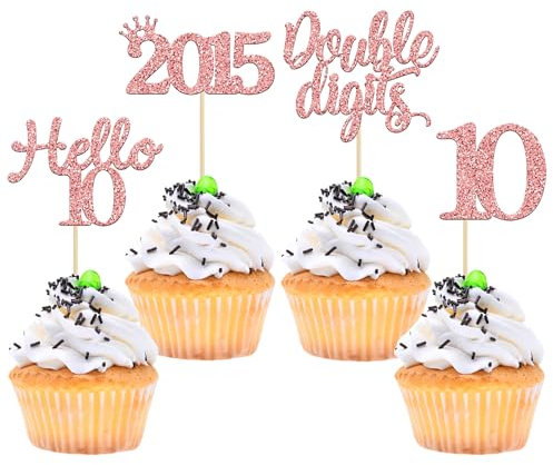 Gyufise 24Pcs Rose Gold Glitter Happy 10th Birthday Cupcake Toppers 10 Ten Hello 10 Double Dights Since 2015 Cupcake Picks for 10th Birthday Party Decorations