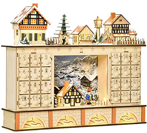 HOMCOM Calendario dell'Avvento in Legno con 24 Cassetti da Riempire, Decorazione con Villaggio di Natale e Luci, 44x10x37cm