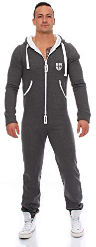 Gennadi Hoppe Combinaison pour homme : combinaison d'intérieur douce et confortable avec fermeture éclair bidirectionnelle, coton et bandes décoratives pour un confort élégant, gris foncé, M
