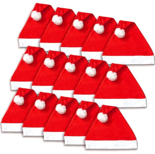 Jonami 15 Weihnachtsmützen, Nikolausmützen Weihnachtsmann Mütze Rot fur alle Erwachsene Einheitsgröße. Weihnachtszubehör
