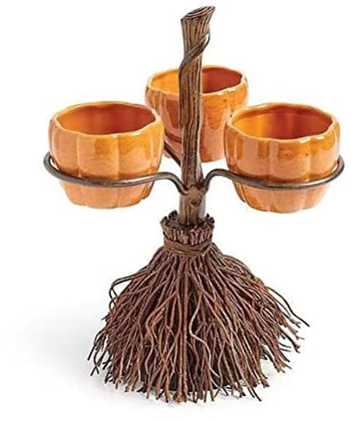 HOUGE Halloween Pumpkin Snack Bowl Stand, Resin Pumpkin Bowls on Broom for Serving Snacks, Salad, Fruit, Halloween Party Supplies, Decorations