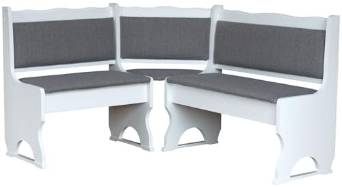 k koma Elegante Polster-Eckbank aus Kiefer Massivholz, Weiß lackiert mit edler Polsterung in Hellgrau, Neu (120 x 200)