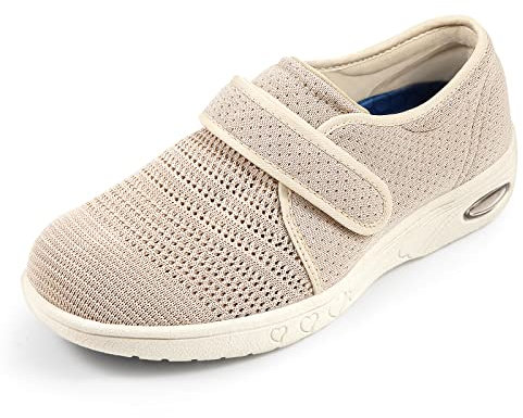 STUNAHOME Extra Wide Fit Shoes for Swollen Feet Womens with 3 Pairs Removable Insoles, Easy Close Adjustable Unisex Diabetic Shoes Pressure-Free Lightweight Walking Shoes for Elderly Beige