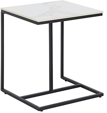 FATIVO Beistelltisch Marmor Weiß Nachttisch: C-Form Gesinterter Stein Beistelltische Sofatisch mit Schwarz Metallgestell Skandinavisch Wohnzimmertisch für Wohnzimmer Schlafzimmer 45×39.5×52.5cm