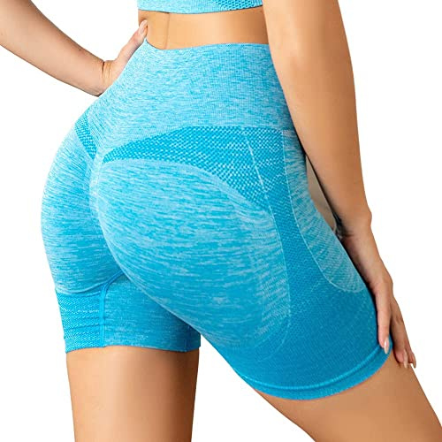 Everbellus Damen Womens High Stretchy Gym Shorts Butt Lifting High Waisted Sports Yoga Shorts Yoga-Shorts, Blue,