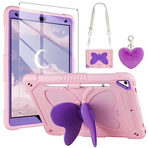 Vunake for iPad 9th Generation Case with Screen Protector Butterfly Stand Shoulder Strap Keychain Pencil Holder iPad 10.2 Case for Kids Heavy Duty Shockproof Cases for iPad 9th/8th/7th Gen-Pink