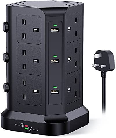 Tower Extension Lead by KOOSLA, [13A 3250W] Surge Protector - 12 AC Outlets & 6 USB Ports Multi Plug Socket Power Strip with Heavy-Duty Extension Cable 2m for Home, Office Black