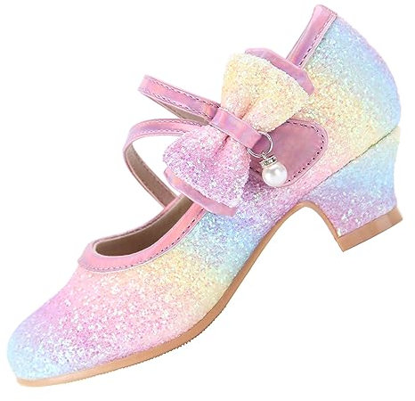 EIGHT KM Girls High Heel Dress Shoes Mary Jane Wedding Party Pump Princess Shoes EKM7035 Sparkle Glitter Pearl Crystal Rainbow UK Toddler Size 8