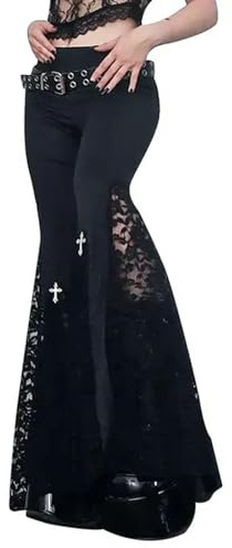 Street Style Retro Gothic Black Stretch Leggings Damen Hose mit weitem Bein Steampunk Casual Sexy Spitze Schlaghose-Schwarz-S