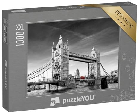 Puzzle 1000 Teile XXL „Tower Bridge in London mit Gherkin und Routmaster-Bus“ – aus der Puzzle-Kollektion London, England