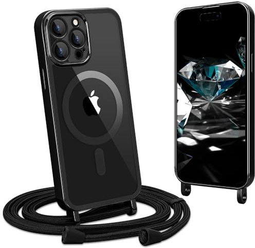 CaseLover Magnetische Handyband kompatibel iPhone 15 Pro Hülle mit Band Klare Silikon Necklace Handyhülle mit Kordel zum Umhängen Stossfest Kameraschutz Bumper Schutzhülle für iPhone 15 Pro, Schwarz
