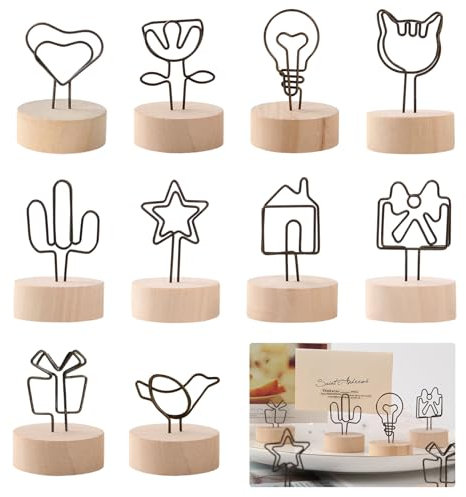 KASESSS 10 Pezzi Segnaposto Matrimonio Piccolo, Segnaposto Tavolo in Legno, Porta Foto, Supporti per Cartellini Segnaposto in Metallo Porta Memo, Memo Clip per Ristoranti, Matrimonio, Compleanno