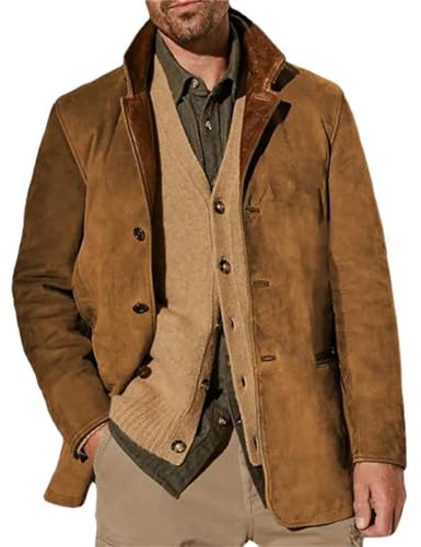 HESYSUAN Vestes vintage en daim pour homme, veste double couche, col en fourrure, longueur moyenne, manteau automne et hiver en plein air, marron, L