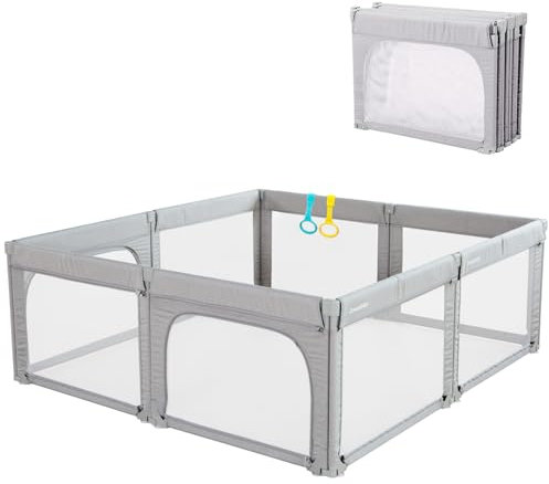Laufstall Faltbar Laufgitter für Baby und Kleinkinder, Form & Größe verstellbar, Laufgitter mit gepolstertem Rahmen & Netzwänden, Spielgehege für drinnen & draußen, 180 x 200 cm, Hellgrau